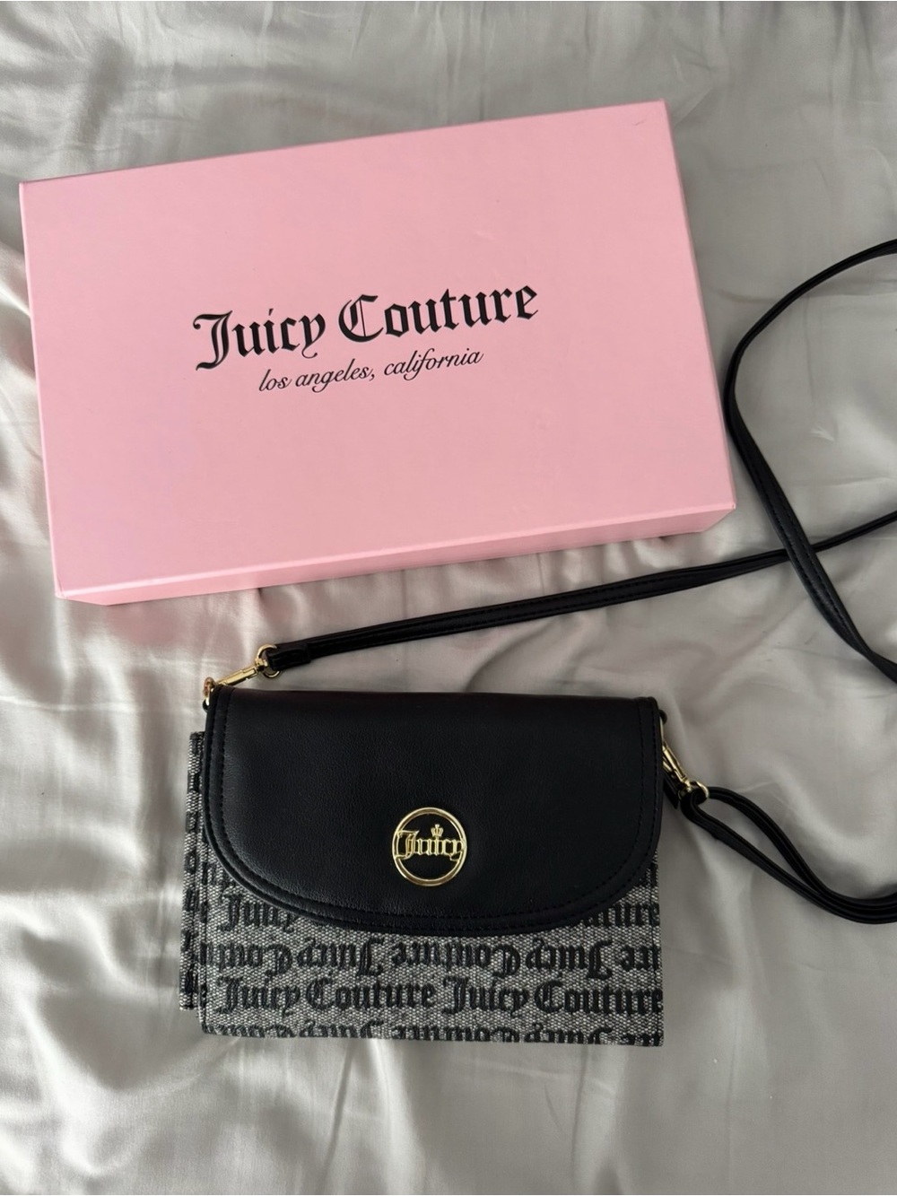 Juicy Couture Y2K Black and Gray Logo Crossbody Wallet Bag with Gold Accent